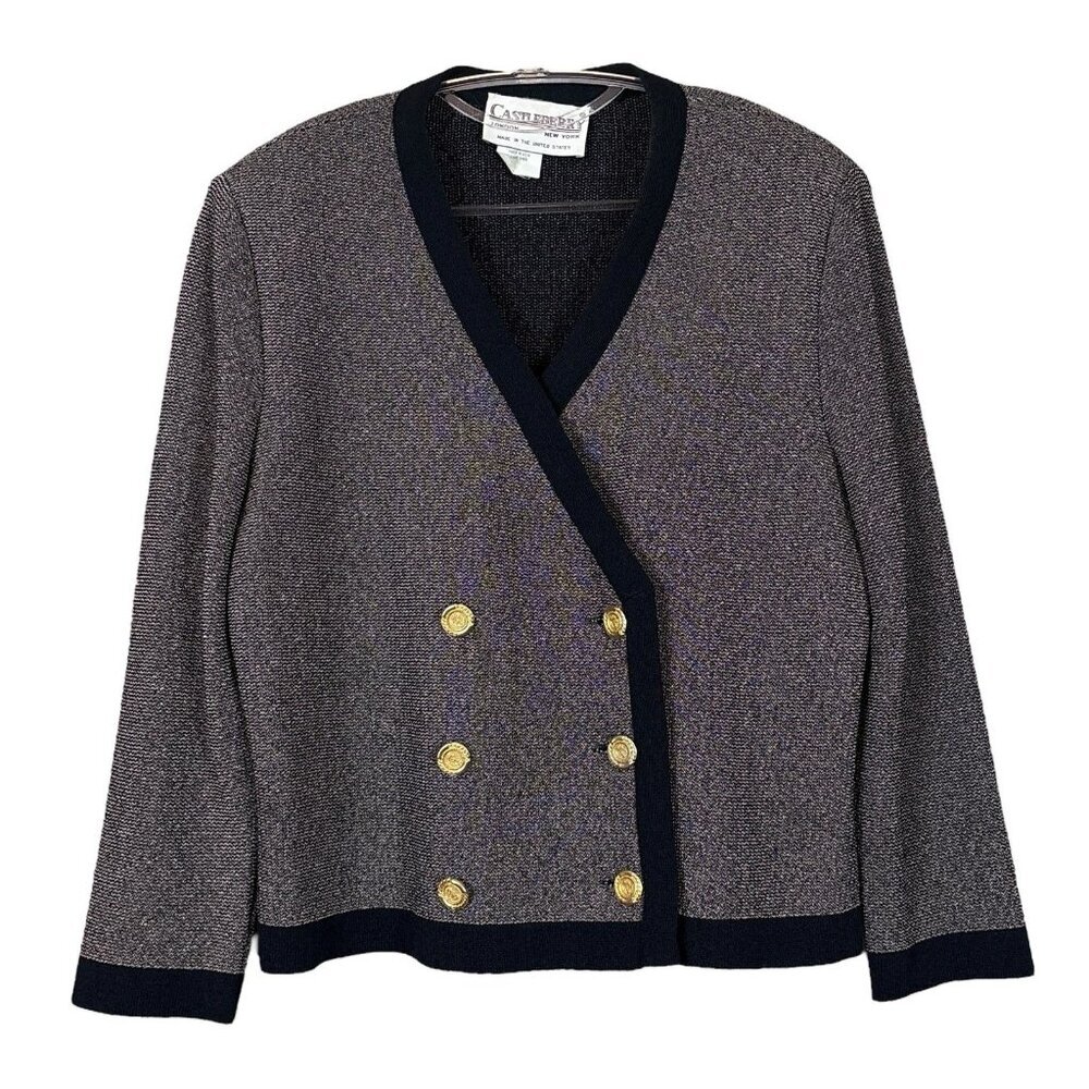 Vtg Castleberry Knit Buttoned Cardigan Sweater Jacket Gray Black Gold Size 16